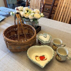 Wicker Basket with Pottery Heart Bowl and Mugs